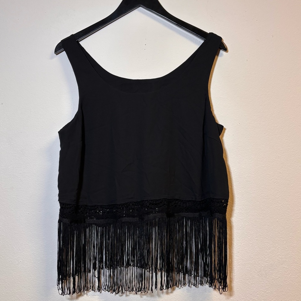 Black Fringe Hem Boho Tank Top Crochet Trim Festival Style XL